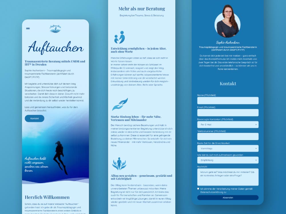 Webdesign Dresden: mobile Ansicht Auftauchen Webdesign Dresden: mobile Ansicht der Auftauchen Beratung-Webseite