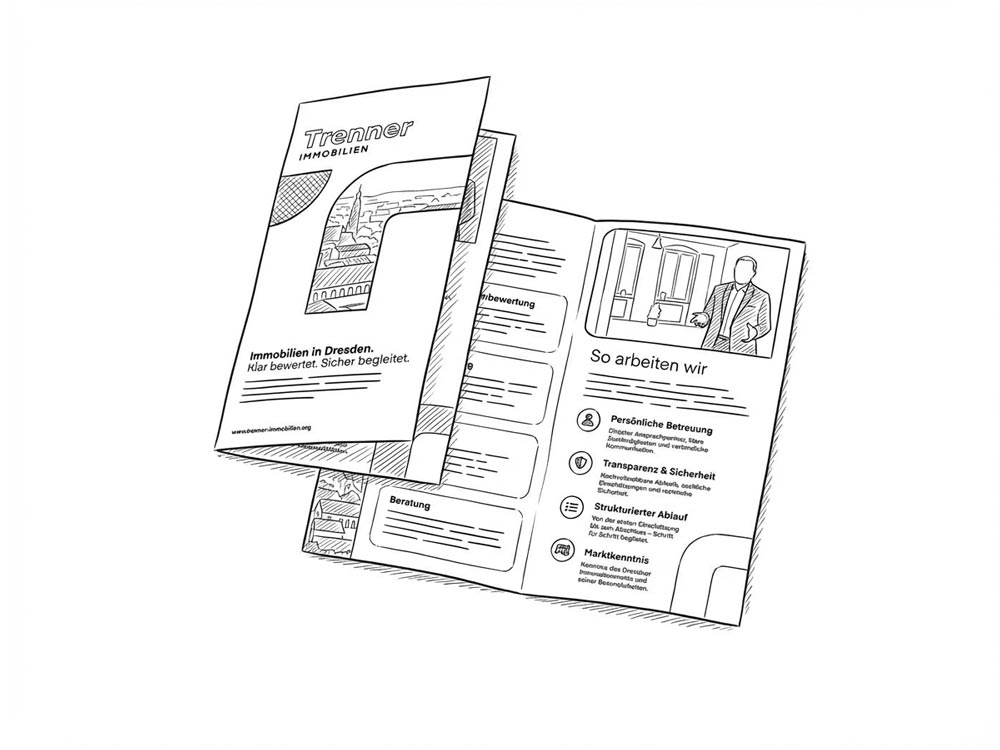 Zweiseitiger Flyer Skizze, Entwurf für Trenner Immobilien in Dresden